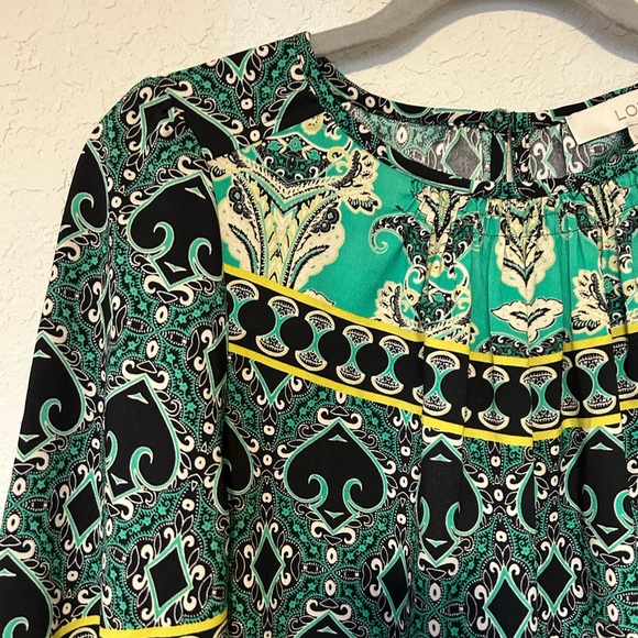 LOFT Long Sleeve Blouse Featuring Green, Black and Yellow Paisley Design - Picture 4 of 7